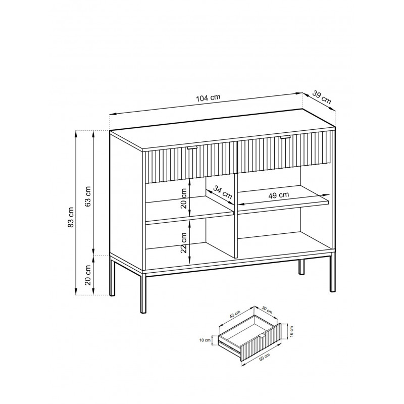 NOVA 104 cm Geriffelt Kommode 2-türig mit 2 Schubladen Schwarzbeine - Schwarz 6/9