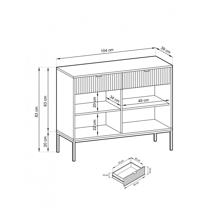 NOVA 104 cm Geriffelt Kommode 2-türig mit 2 Schubladen Goldbeine - Grau