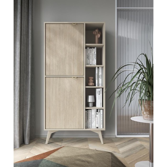 Hohe Bücherregal mit 2-türig und 9 Regal Goldgriffe FIRR Sandbeige + Herringbone skandi