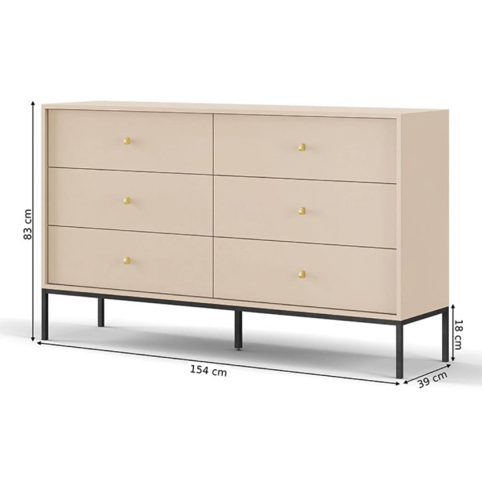 MOLLY 154 cm Kommode mit 6 Schubladen Gold Metallgriff und Goldbeine - Dunkelblau