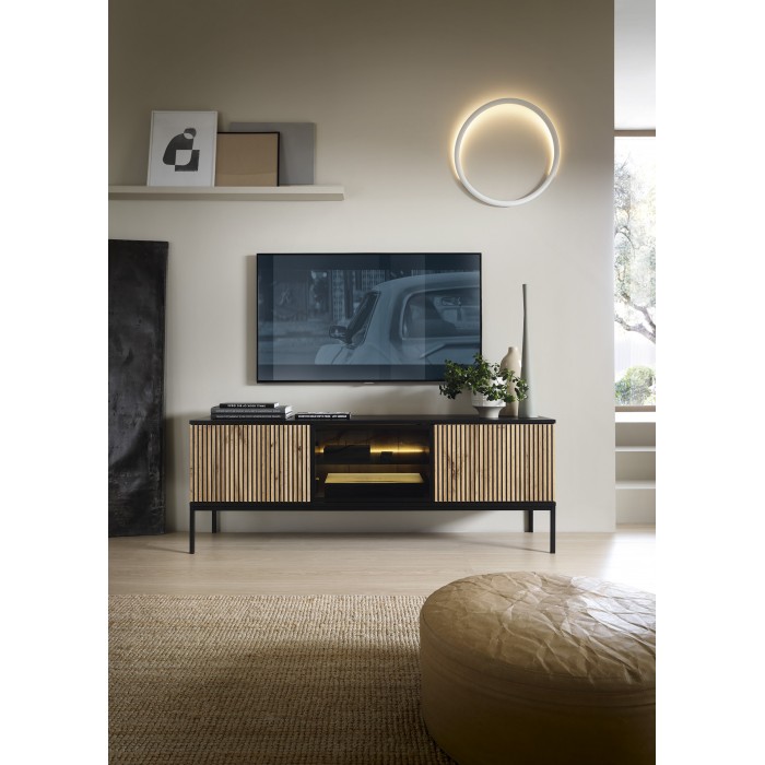 RTV-Schrank LED-Beleuchtung TV-Tisch 3-türig geriffelte Front - SENTINO 154 cm Schwarz + Eiche Wotan