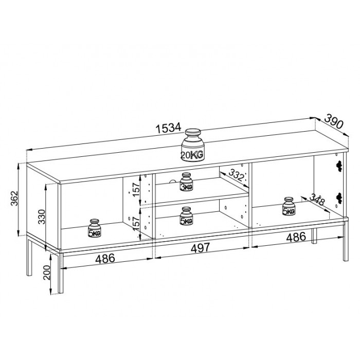 RTV-Schrank LED-Beleuchtung TV-Tisch 3-türig geriffelte Front - SENTINO 154 cm Schwarz + Eiche Wotan