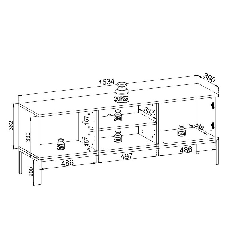 RTV-Schrank LED-Beleuchtung TV-Tisch 3-türig geriffelte Front - SENTINO 154 cm Schwarz + Eiche Wotan 6/9