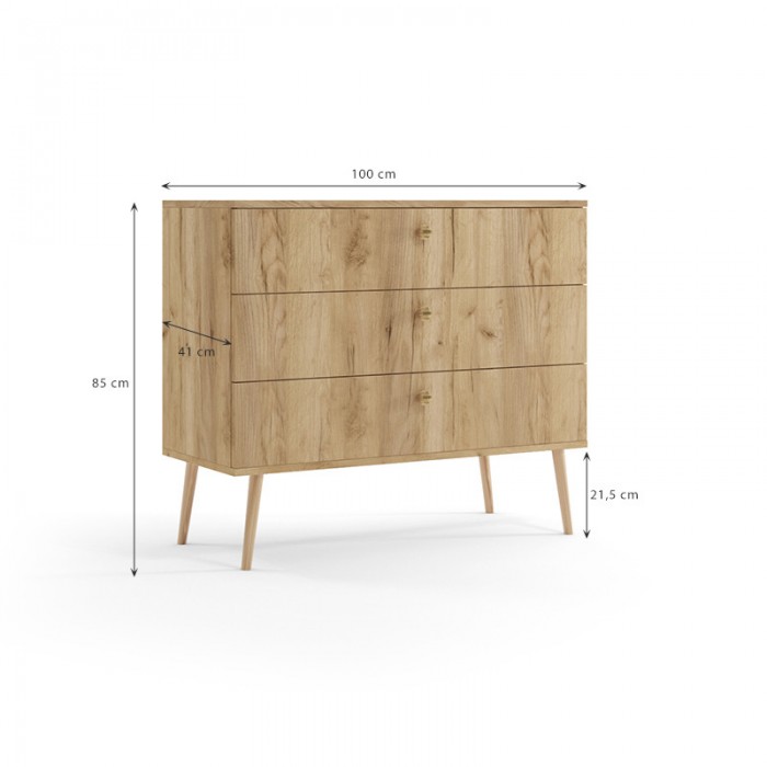 Kommode mit 3 Schubladen Moderne Sideboard - IKON 100 cm Eiche Kraft