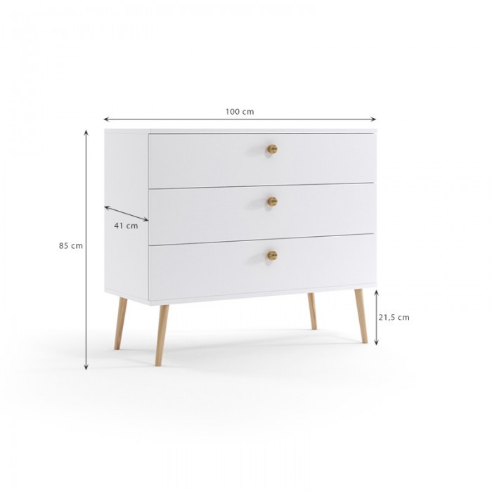 Kommode mit 3 Schubladen Moderne Sideboard - IKON 100 cm Weiß