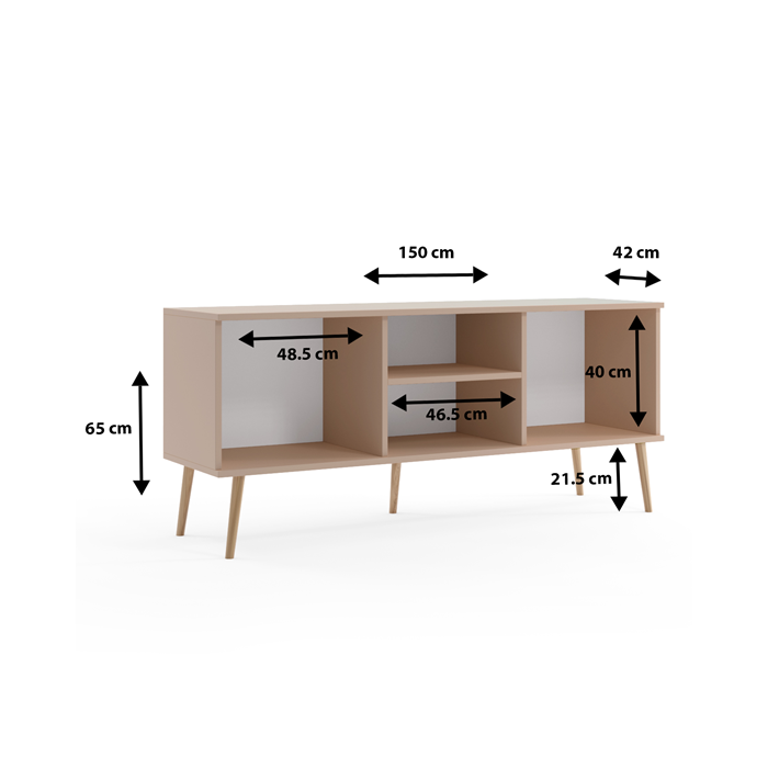 TV-Schrank, TV-Tisch, mit Seilgriffen, 2 Türen, skandinavischer Stil, auf Holzbeinen, IKON Rosa