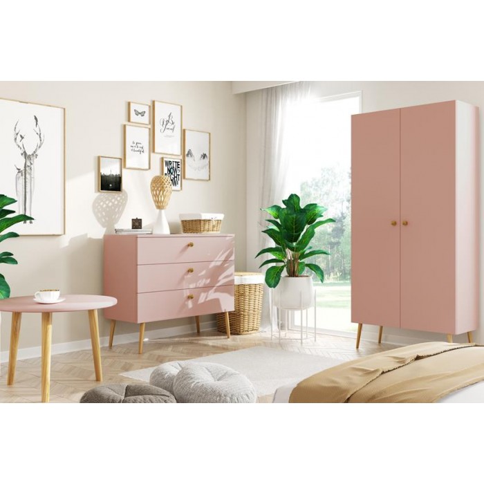 TV-Schrank, TV-Tisch, mit Seilgriffen, 2 Türen, skandinavischer Stil, auf Holzbeinen, IKON Rosa
