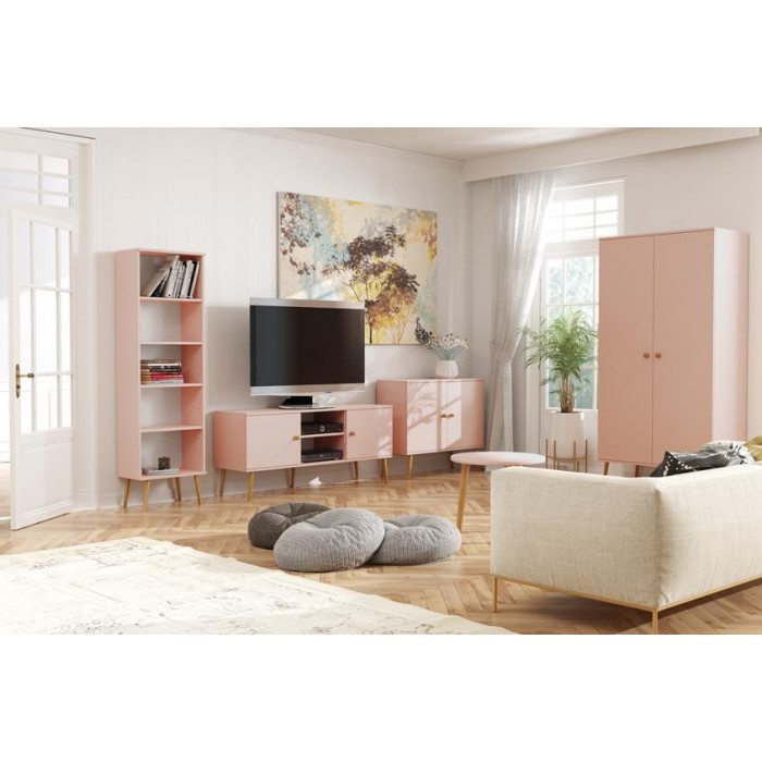 TV-Schrank, TV-Tisch, mit Seilgriffen, 2 Türen, skandinavischer Stil, auf Holzbeinen, IKON Rosa