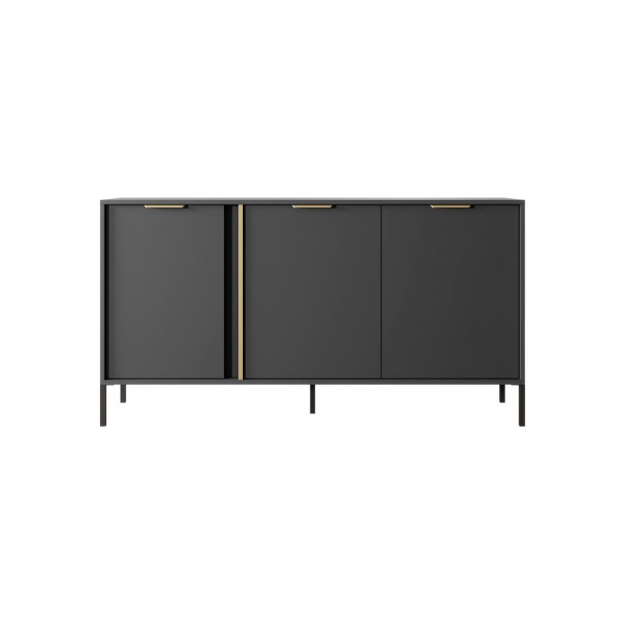 Kommode Sideboard mit Metallbeinen 3 Türen Goldene Griffe - LARS 3D Schwarz Anthrazit