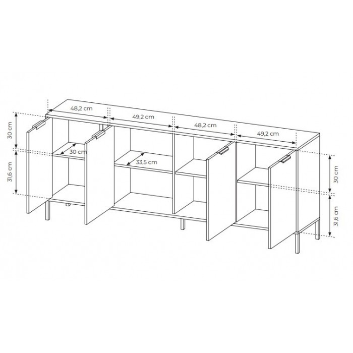 Kommode Sideboard 4 Türen Goldene Griffe - LARS 4D 202 cm Schwarz Anthrazit