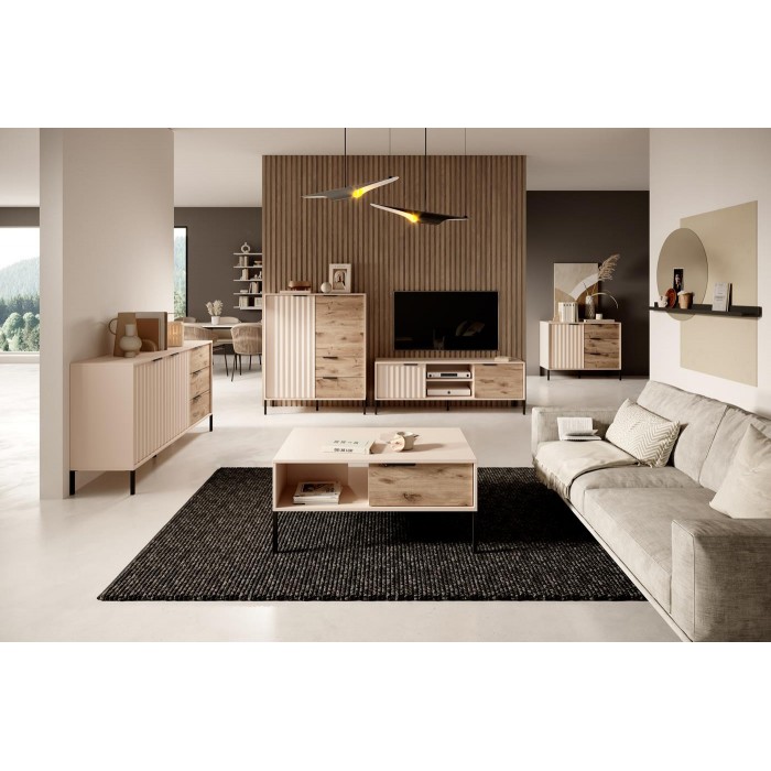 Kommode Hohe Sideboard mit Metallbeinen - RAW 103 cm Beige + Eiche Viking