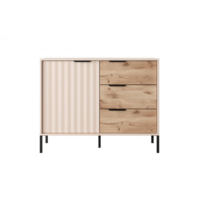 Kommode Hohe Sideboard mit Metallbeinen - RAW 103 cm Beige + Eiche Viking