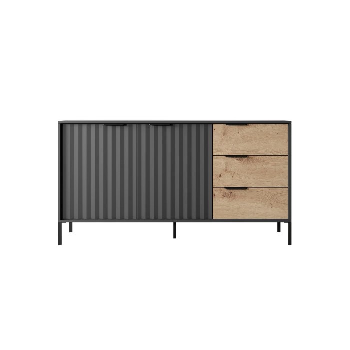 Kommode Hohe Sideboard mit Metallbeinen - RAW 153 cm Schwarz + Eiche Artisan