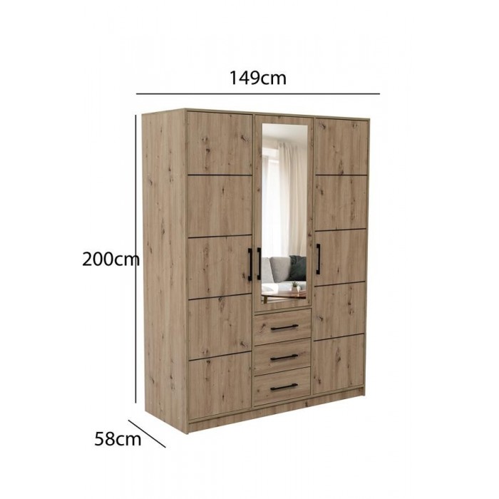 Kleiderschrank mit Spiegel 3 Schublade 2 Kleiderstange – COSTARICA Artisan Eiche