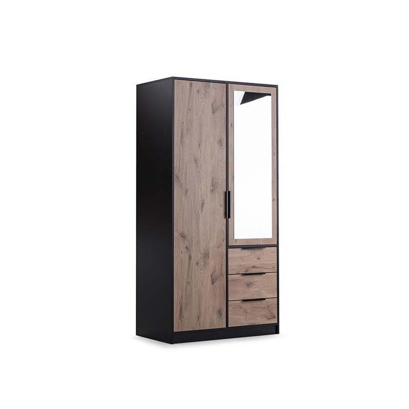 Kleiderschrank 100 cm mit Spiegel 3 Schubladen 2-türiger Kleiderstange – TILA Viking Eiche 1/9