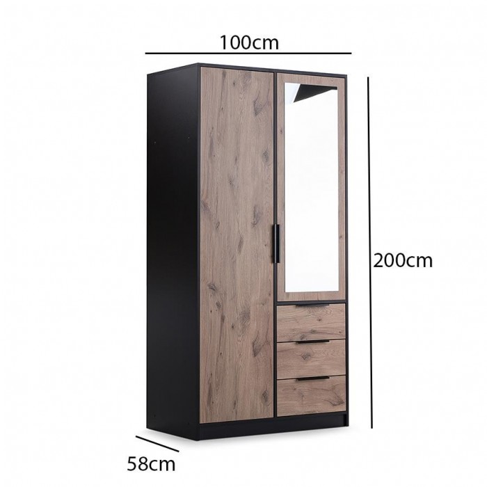 Kleiderschrank 100 cm mit Spiegel 3 Schubladen 2-türiger Kleiderstange – TILA Viking Eiche