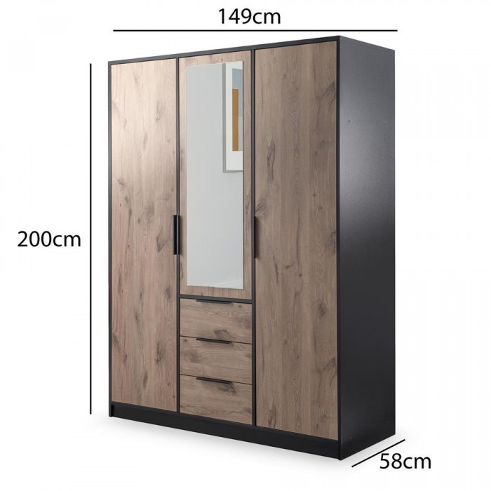 Kleiderschrank mit Spiegel – TILA 150 cm Schwarz + Viking Eiche