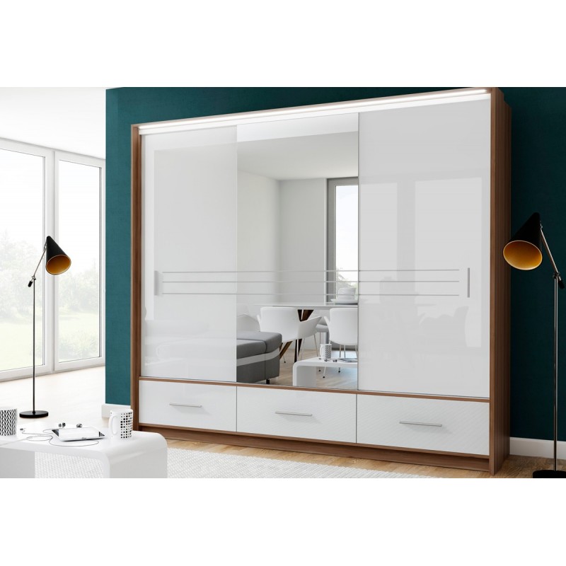 Kleiderschrank Schwebetürenschrank mit Spiegel - TILBURG 250 Pflaume + Weiß Glanz 2/9