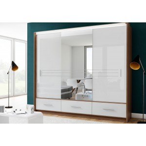 Kleiderschrank Schwebetürenschrank mit Spiegel - TILBURG 250 Pflaume + Weiß Glanz 2/9