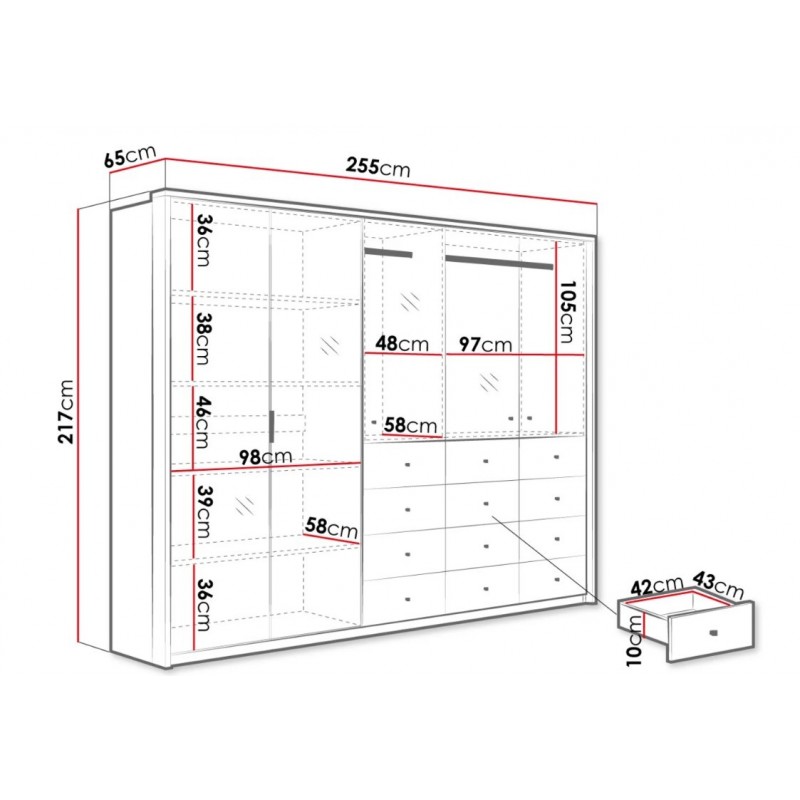 Kleiderschrank Großer mit Spiegel und 12 Schubladen und 5 Regalen mit 2 Kleiderstange für Schlafzimmer- VIA 255 Schwarz Glanz 3/9