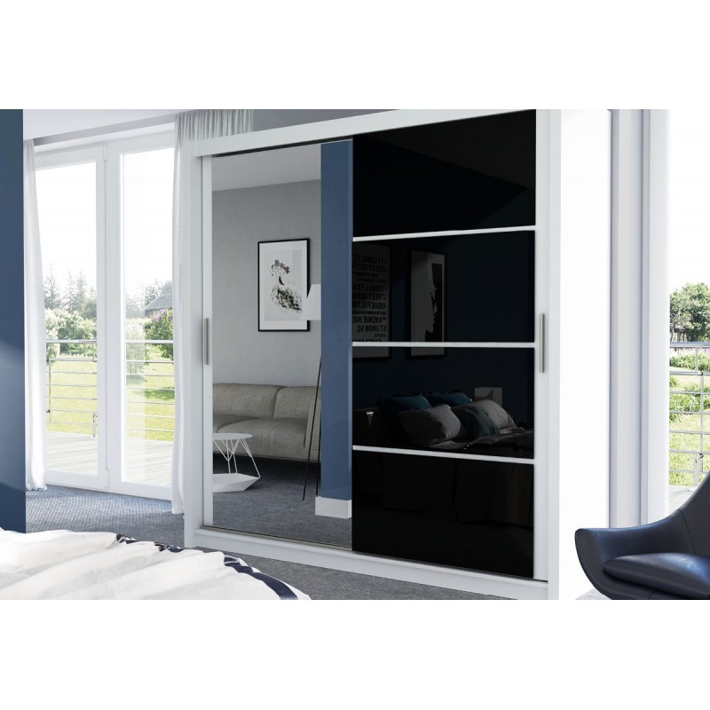 Kleiderschrank Schwebetürenschrank mit Spiegel - DONA 203 Weiß + Schwarz Glas 2/9
