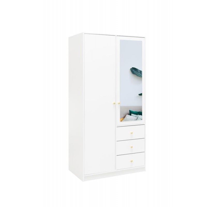 Kleiderschrank 2-türig mit Spiegel Goldgriffe – Rainbow II 100 cm Weiß