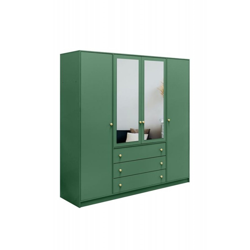 Kleiderschrank 4-türig mit Doppelspiegel Goldgriffe – Rainbow II 196 cm Grün