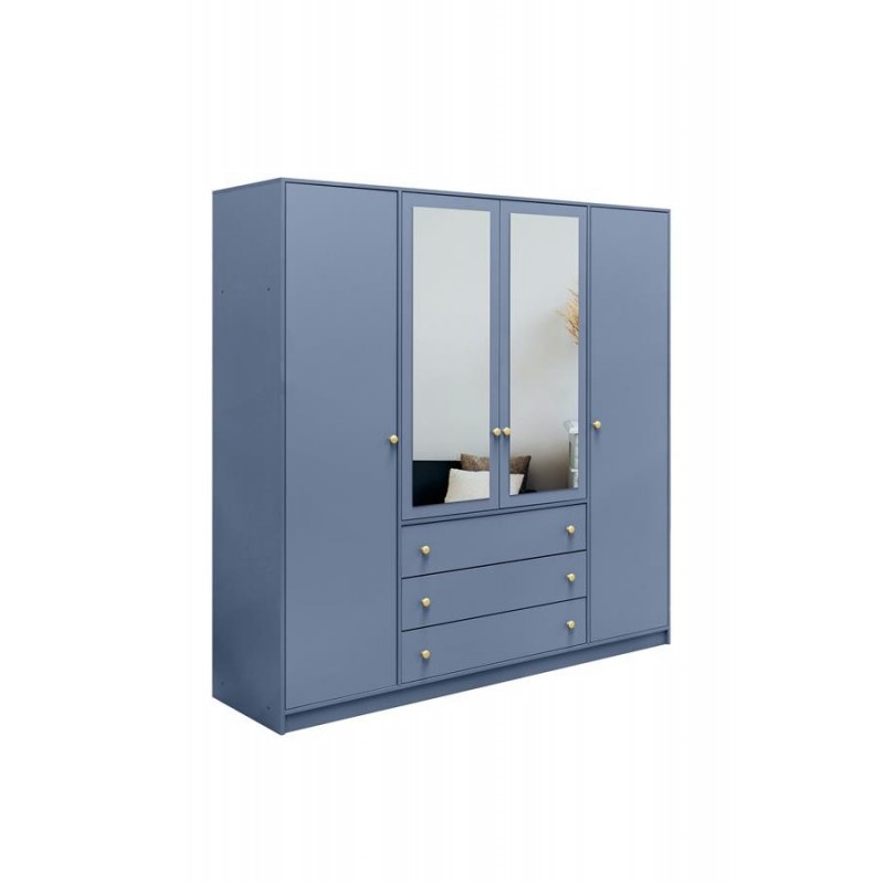 Kleiderschrank 4-türig mit Doppelspiegel Goldgriffe – Rainbow II 196 cm Hellblau