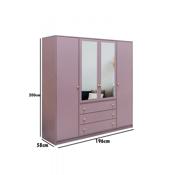 Kleiderschrank 4-türig mit Doppelspiegel Goldgriffe – Rainbow II 196 cm Hellblau