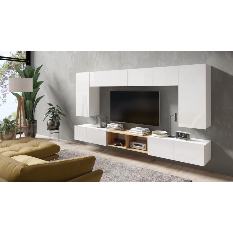 TV-Schrank TV-Tisch stehend oder hängend - BIRD 100 Weiß + Weiß Glänzend 2/9