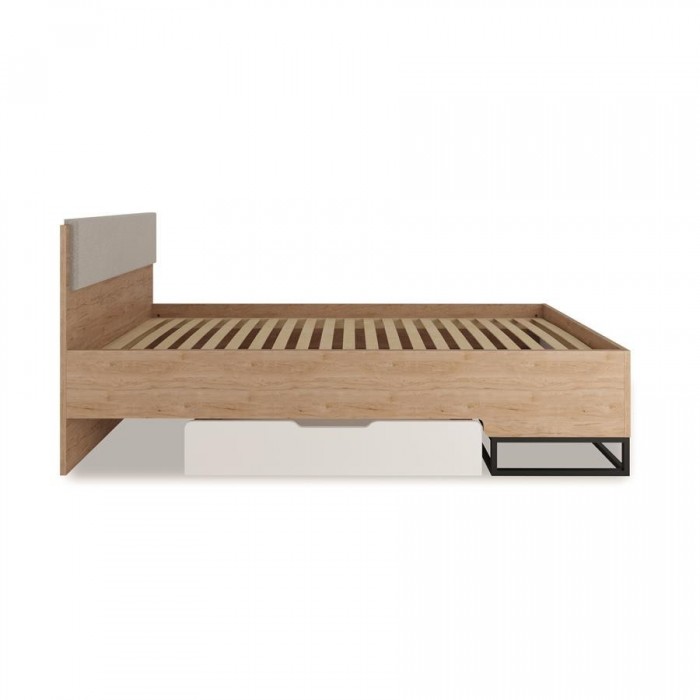 Jugendbett 90x200 KIND mit gepolstertem Kopfteil und Schublade auf Metallrahmen - Hickory + Weiß