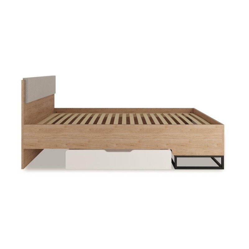 Jugendbett 90x200 KIND mit gepolstertem Kopfteil und Schublade auf Metallrahmen - Hickory + Weiß 5/9