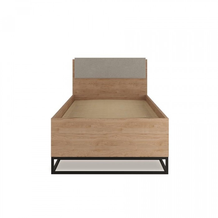 Jugendbett 90x200 KIND mit gepolstertem Kopfteil und Schublade auf Metallrahmen - Hickory + Weiß