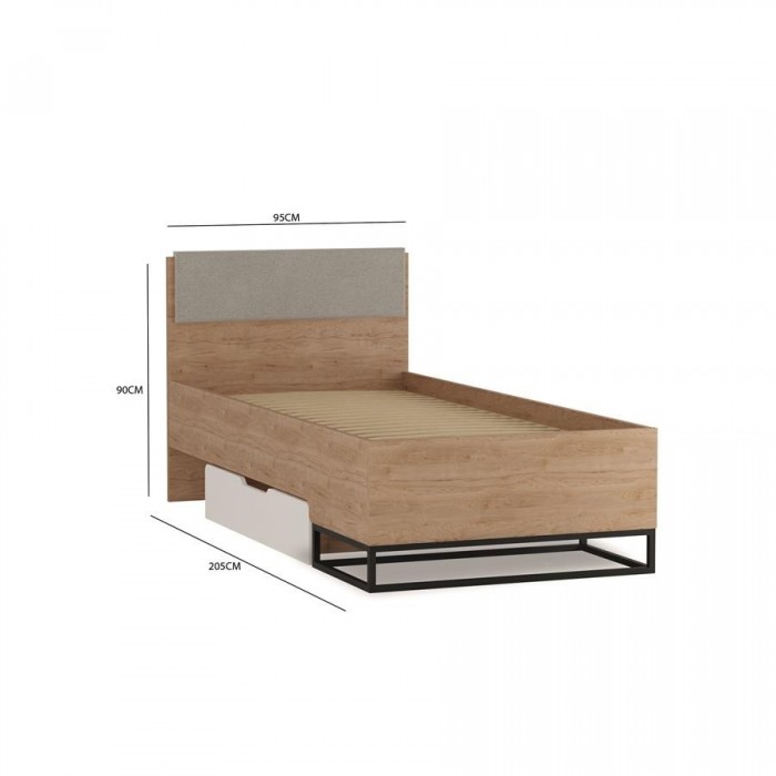 Jugendbett 90x200 KIND mit gepolstertem Kopfteil und Schublade auf Metallrahmen - Hickory + Weiß