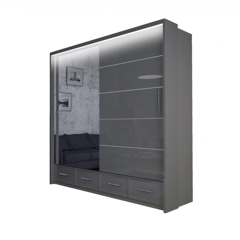 Kleiderschrank Schwebetürenschrank mit Spiegel - ESPANIA 203 Grau + Grau Glänzend