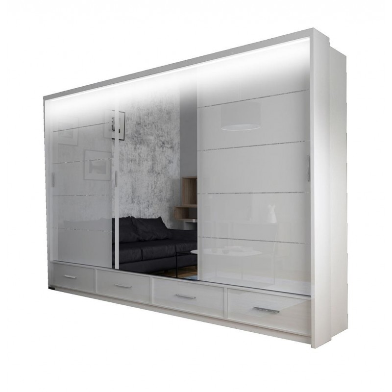 Kleiderschrank Schwebetürenschrank mit Spiegel ESPANIA 253 Weiß + Weiß Glänzend