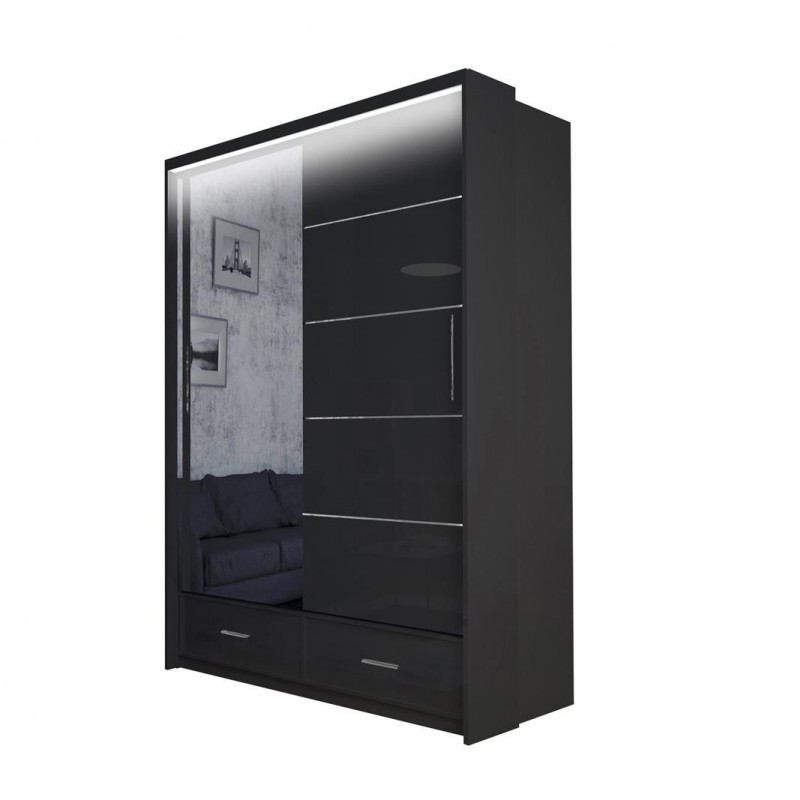 Kleiderschrank Schwebetürenschrank mit Spiegel - ESPANIA 150 Schwarz + Schwarz glänzend 1/9