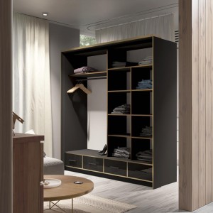 Schwebetürenschrank mit Spiegel 4 Schubladen Kleiderstange - BENCH 203 Schwarz + Schwarz Glanz 3/9