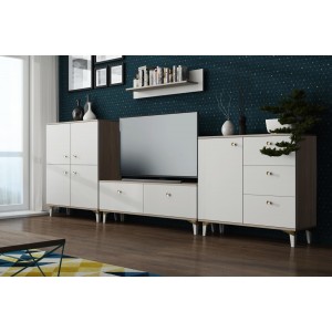 Wohnwand 4 Möbelstücken 2 Kommoden Regal und TV-Schrank AKAI Sonoma + Weiß 1/9