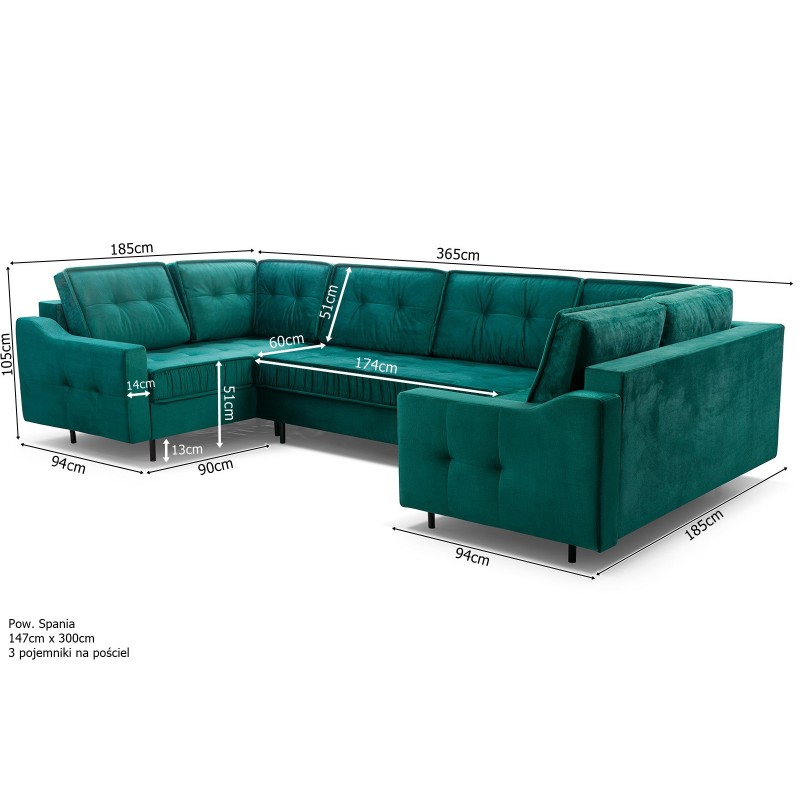 ROYAL U Ecksofa U-Form Eckcouch mit 3 Bettkasten 8 Kissen Schlaffunktion Flaschengrün 5/9