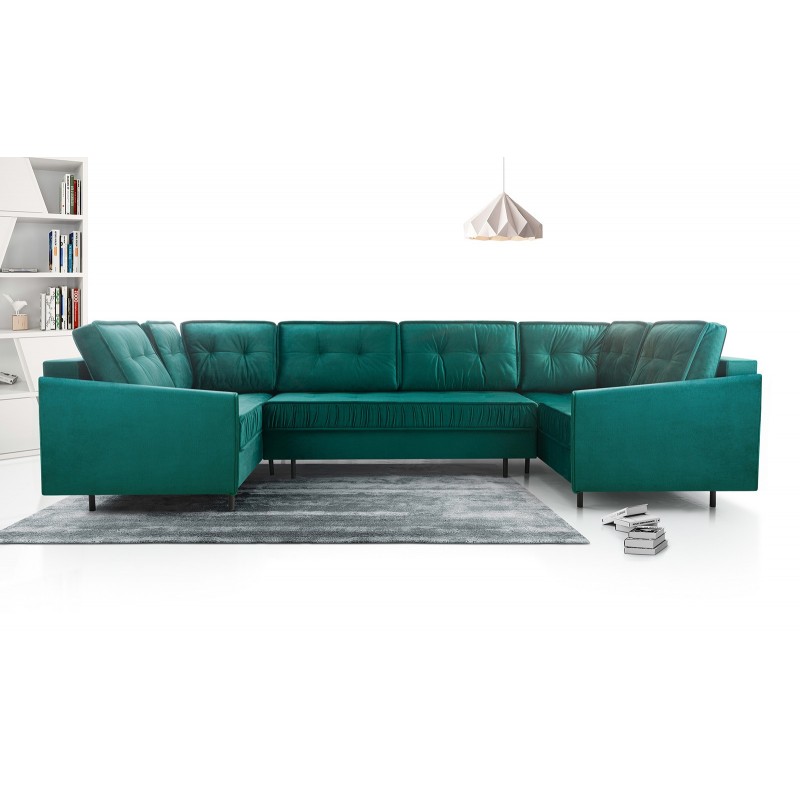 Ecksofa U-Form Eckcouch mit Stauraum Sofa mit Schlaffunktion 8 Kissen 3 x Bettkasten – GRAND U Flaschengrün 3/9