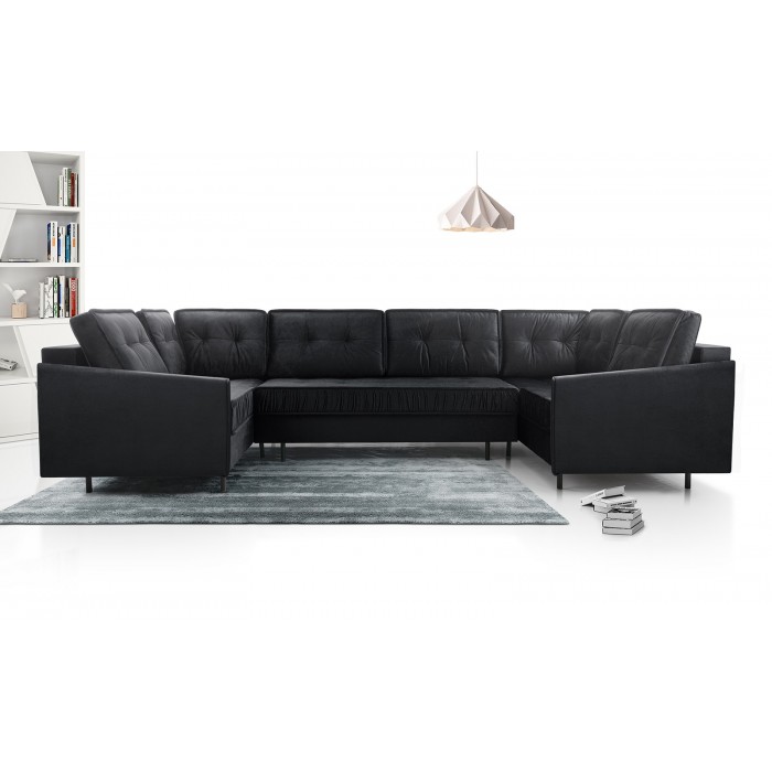 Ecksofa Velvet in U-Form, Eckcouch mit Stauraum und Kissen, Sofa mit Schlaffunktion,8 Kissen, 3xBettkasten–GRAND U Dunkelgrau