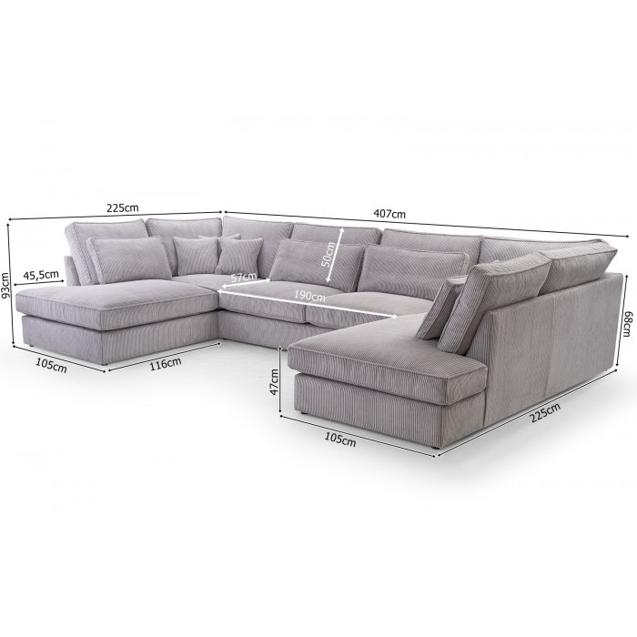 Ecksofa Großes U-Form Eckcouch mit 18 Kissen Cordstoff - MAGIC U LINCOLN 03 Sandfarbe