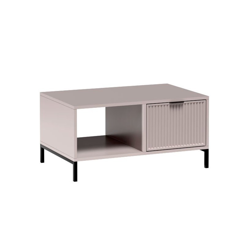 Couchtisch mit Schublade geriffelter Front auf Metallbeinen – NOMO Beige