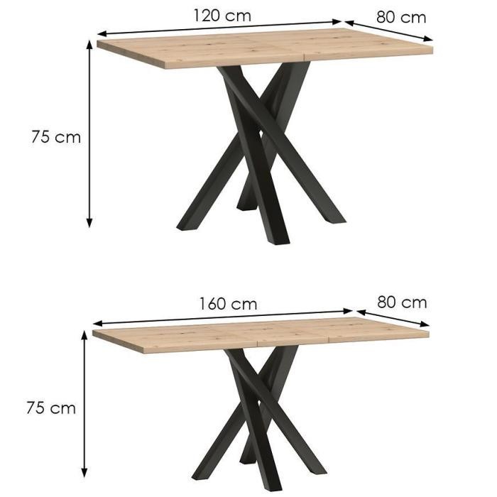 Ausziehbarer Esstisch mit Schwarz Metallbeinen 120 bis 160 cm Rechteckig Tisch - CALI Eiche Artisan