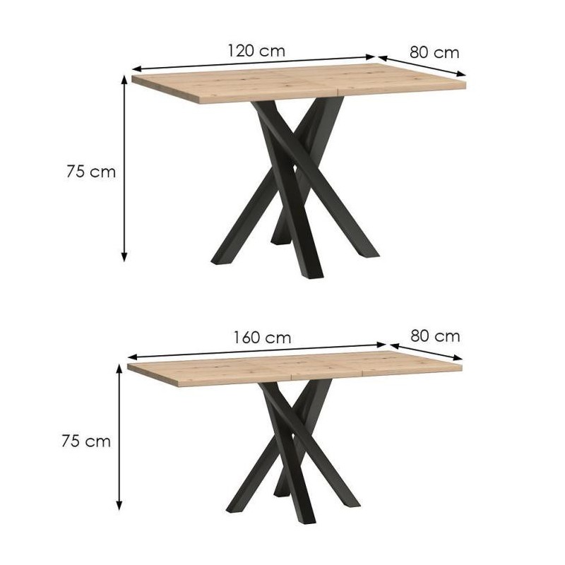 Ausziehbarer Esstisch mit Schwarz Metallbeinen 120 bis 160 cm Rechteckig Tisch - CALI Eiche Artisan 3/9