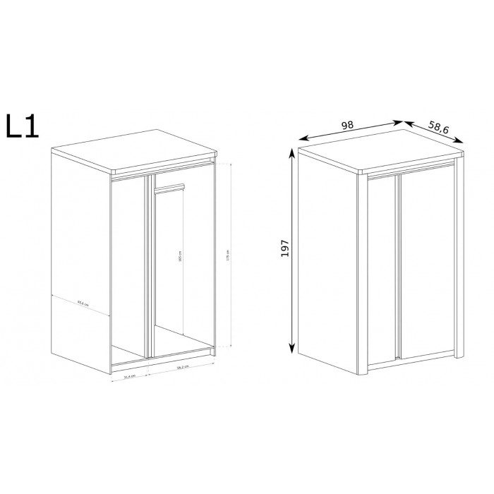 Zweitüriger Kleiderschrank, Front glänzend, mit Kleiderstange, für Schlaf-,Kinderzimmer-LIVINIO L-1 Eiche Ribbeck/Weiß glänz