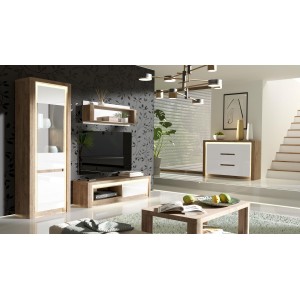 Breiter TV-Schrank TV-Tisch mit LED-Beleuchtung – LIVINIO L-9 Ribbeck-Eiche + Weiß glänz 2/9