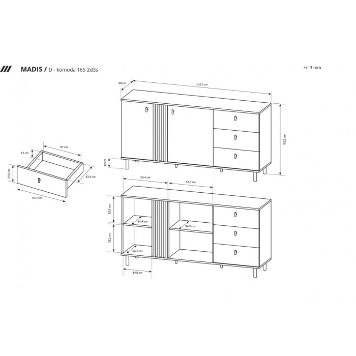 Industrielle Kommode, geriffelte Front, 2 Türen, 3 Schubladen – MADIS Artisan Eiche + Schwarz Anthrazit