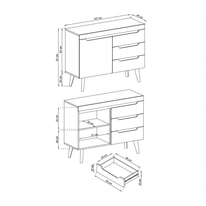 Kommode Sideboard Highboard NODIS - 107 cm Weiß